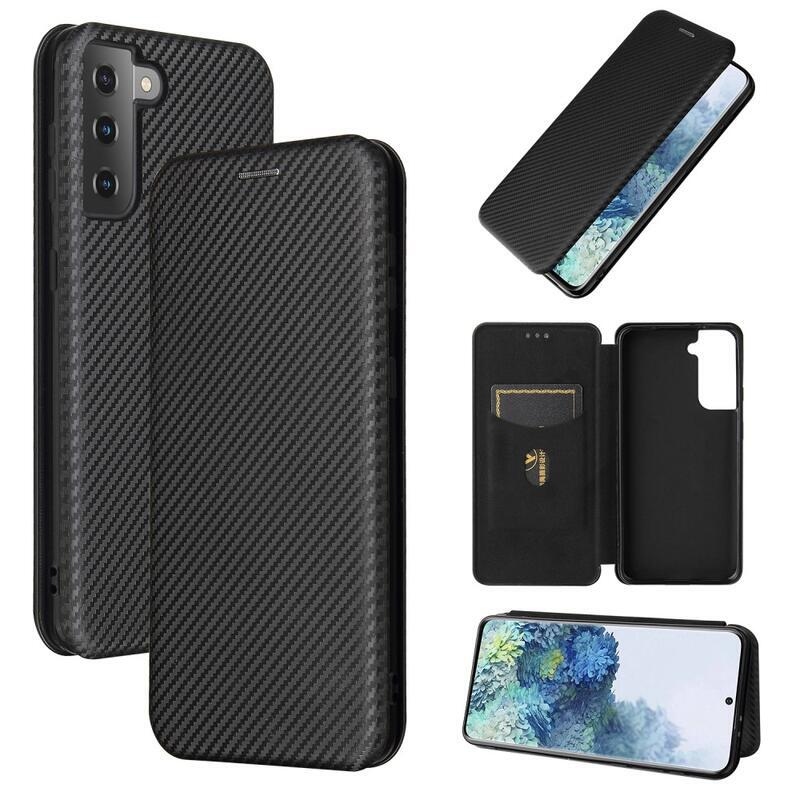 Karbon PU bőr pénztárca tok Samsung Galaxy S21 Plus-hoz - fekete