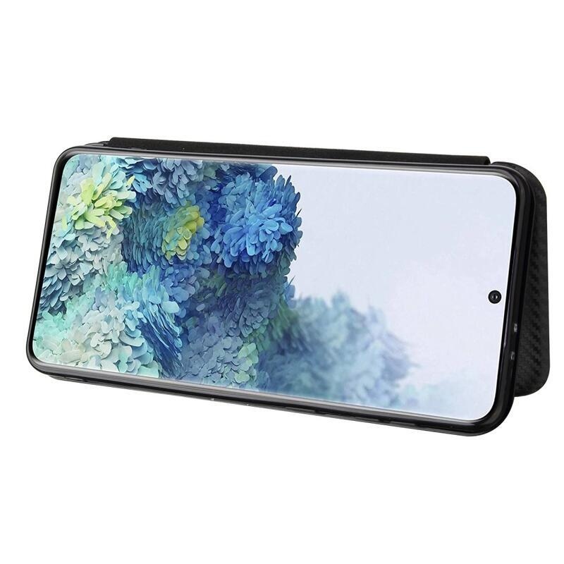 Karbon PU bőr pénztárca tok Samsung Galaxy S21 Plus-hoz - fekete