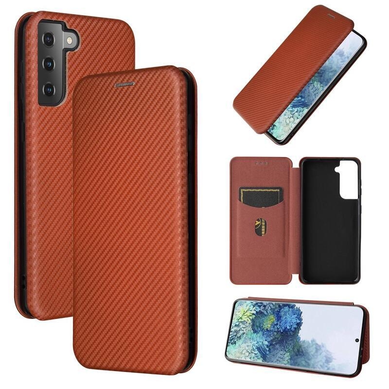 Karbon PU bőr pénztárca tok Samsung Galaxy S21 Plus-hoz - barna