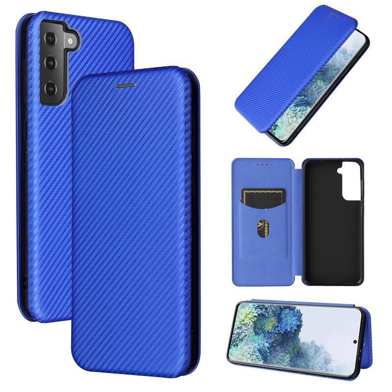 Karbon PU bőr pénztárca tok Samsung Galaxy S21 Plus-hoz - kék