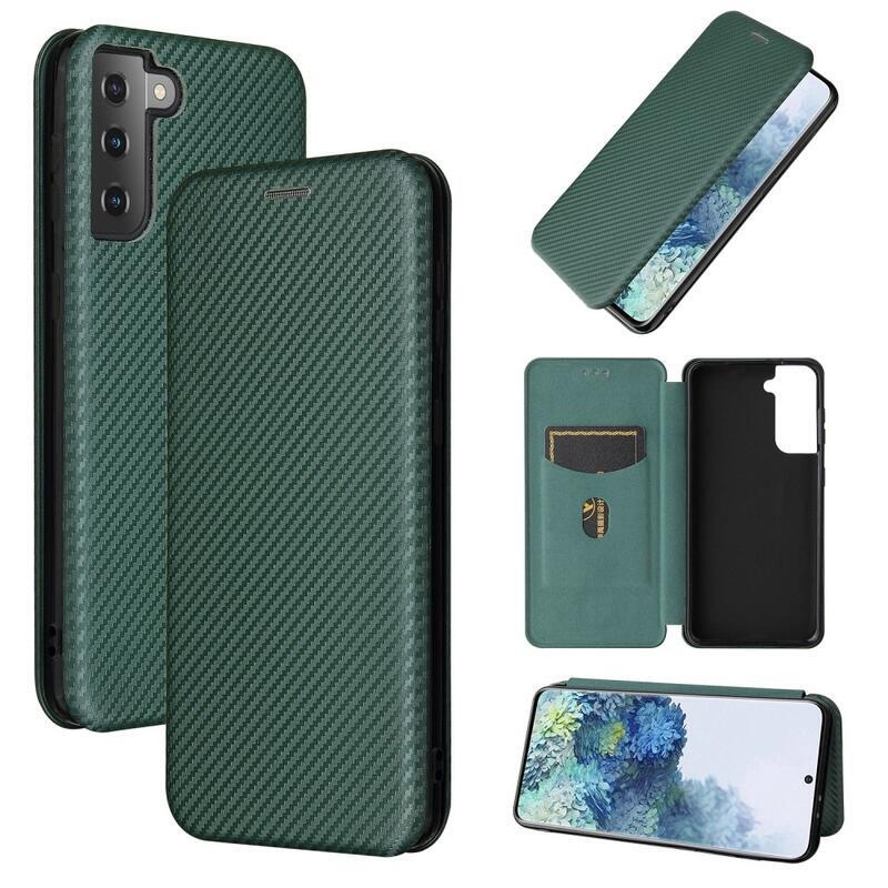 Karbon PU bőr pénztárca tok Samsung Galaxy S21 Plus-hoz - zöld