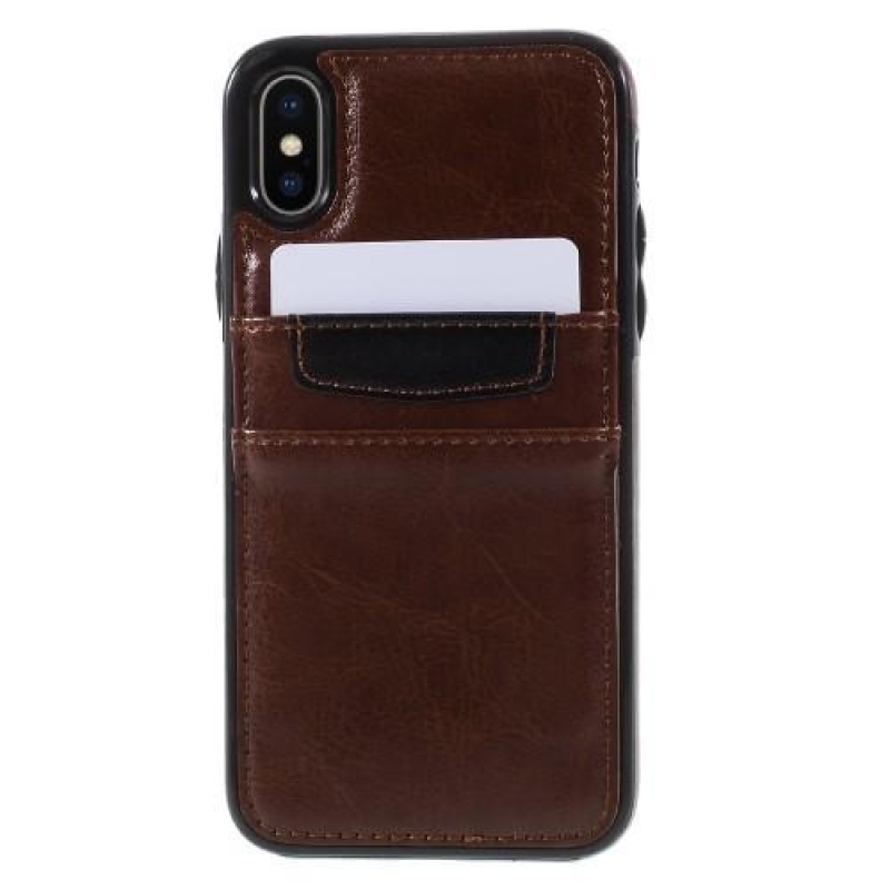 Kártya zselés tok PU bőr hátlappal és rekeszekkel iPhone X készülékhez - barna
