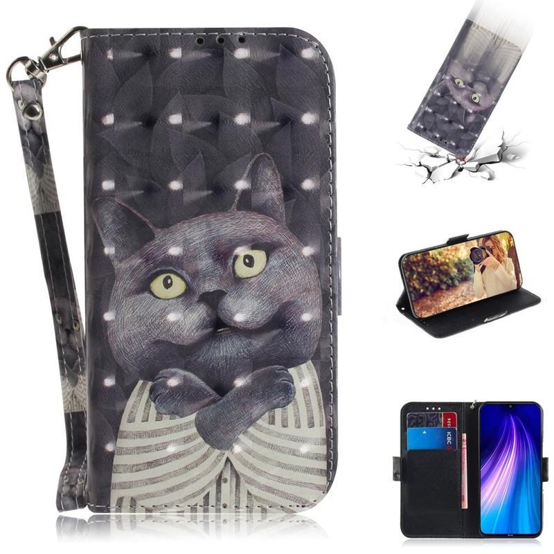 tok PU bőr pénztárca tok Xiaomi Redmi Note 8-hoz - szürke macska