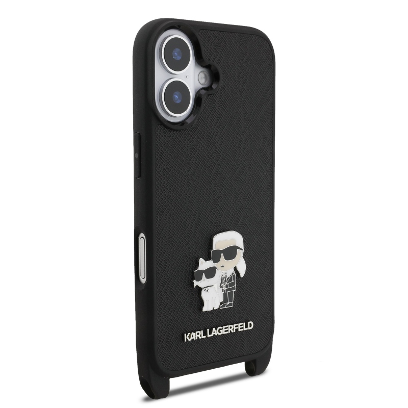 Karl Lagerfeld Saffiano Crossbody Strap Metal Karl és Choupette hátlapi borító iPhone 17 Fekete