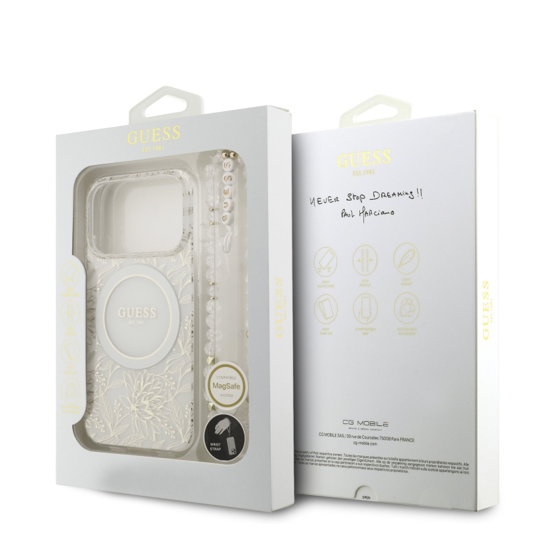 Guess IML Virágok Allover Strap MagSafe hátlapi borító iPhone 17 Pro fehérhez