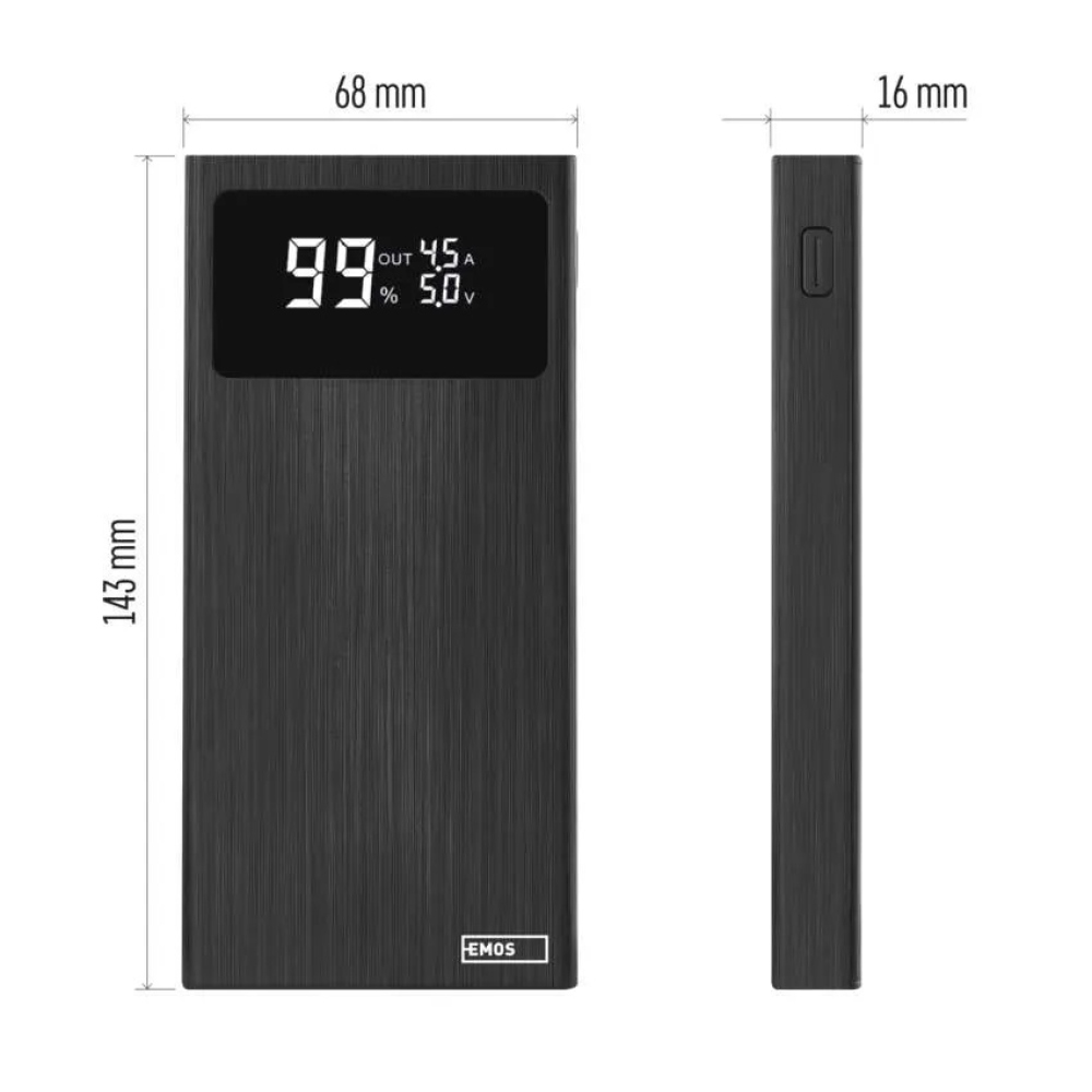 Powerbank EMOS BetaQ 10, 10 000 mAh, 22,5 W - fekete