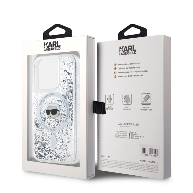 Karl Lagerfeld Liquid Glitter Karl Head Karl Head MagSafe hátlap iPhone 15 Pro Max-hoz Átlátszó
