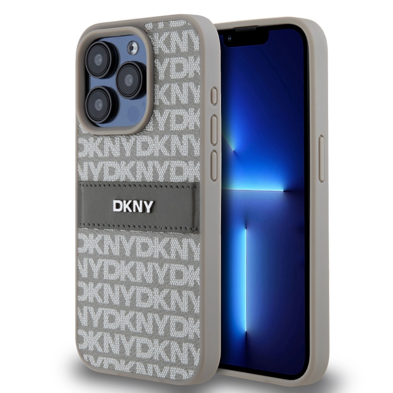 DKNY PU bőr ismétlődő mintás tonális csíkos hátlapi borító iPhone 14 Pro Max bézs színűhöz