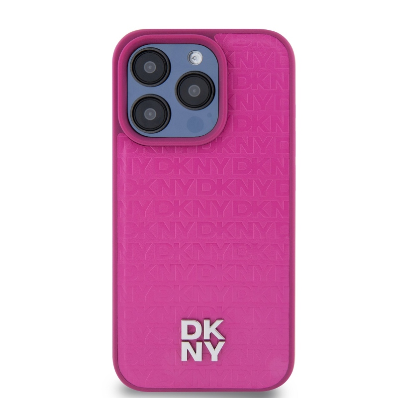 DKNY PU bőr Ismétlődő mintás Stack Logo Magsafe hátlap iPhone 15 Pro rózsaszínűhez