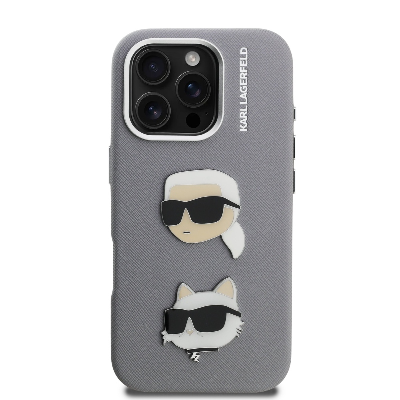 Karl Lagerfeld szemcsés PU K&CH Heads hátlap iPhone 16 Pro Max szürke számára