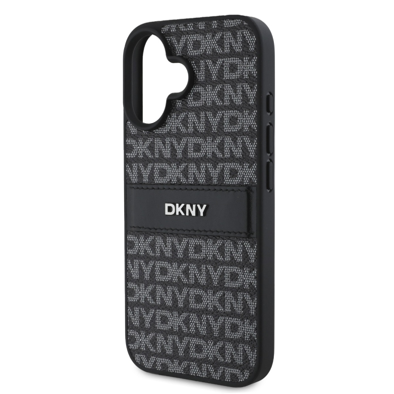 DKNY PU bőr ismétlődő mintás tonális csíkos hátlap iPhone 16-hoz Fekete