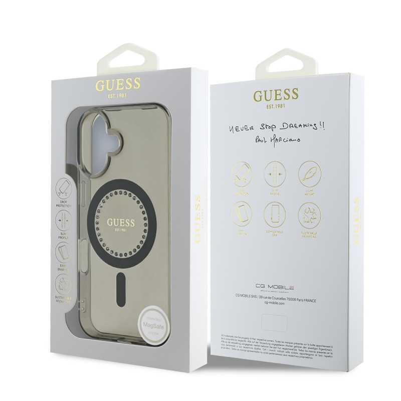 Guess IML strasszos gyűrű MagSafe hátlap iPhone 16-hoz Fekete