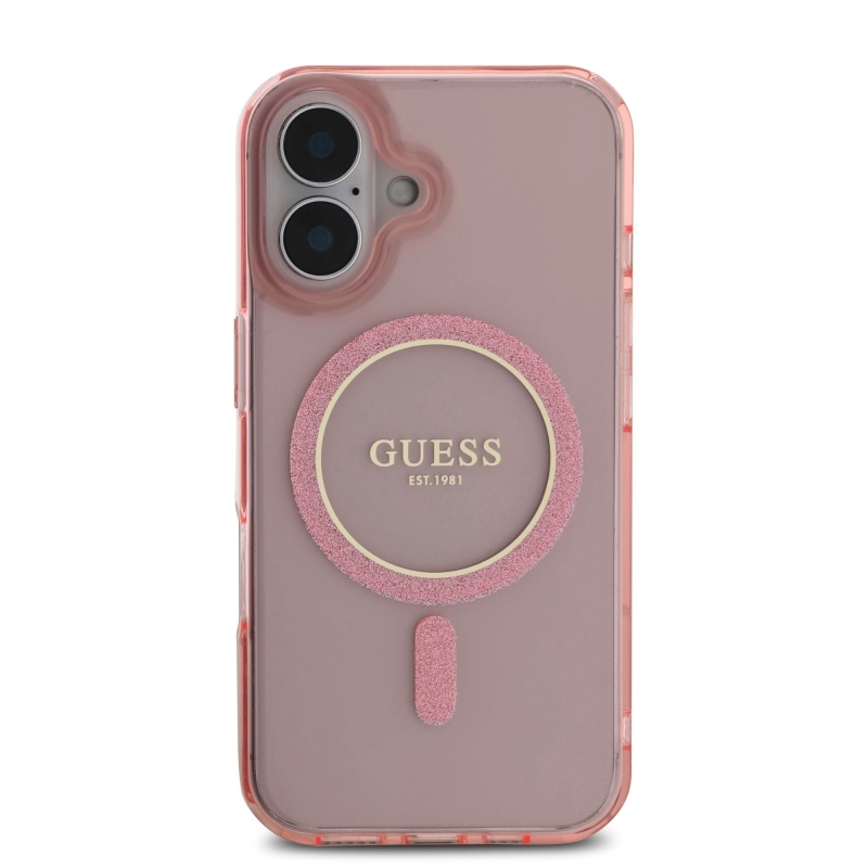 Guess IML csillogó gyűrű MagSafe hátlap iPhone 16 rózsaszínű iPhone 16-hoz