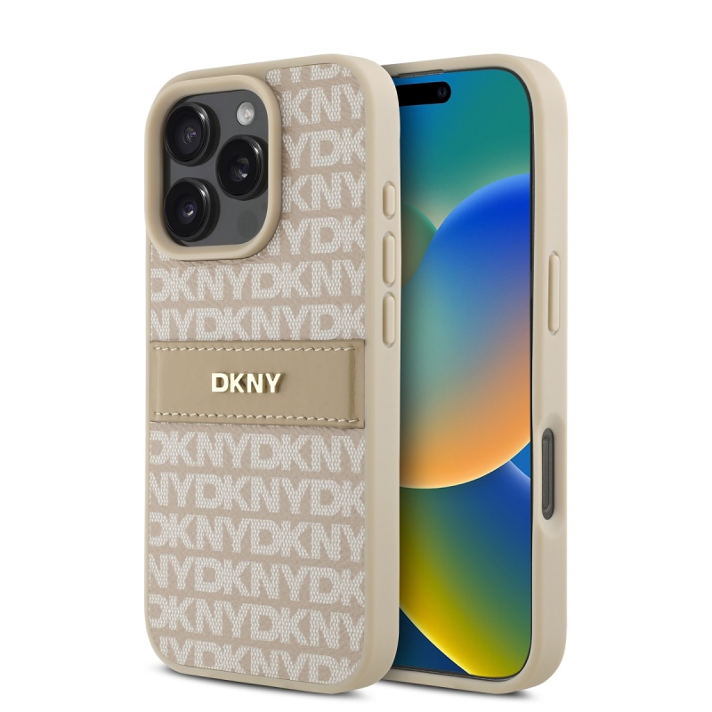 DKNY PU bőr ismétlődő mintás tonális csíkos hátsó borító iPhone 16 Pro Max rózsaszínhez