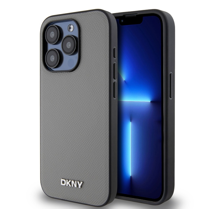 DKNY PU bőr ezüst fém logó Magsafe hátlap iPhone 14 Pro Max szürke szürkéhez