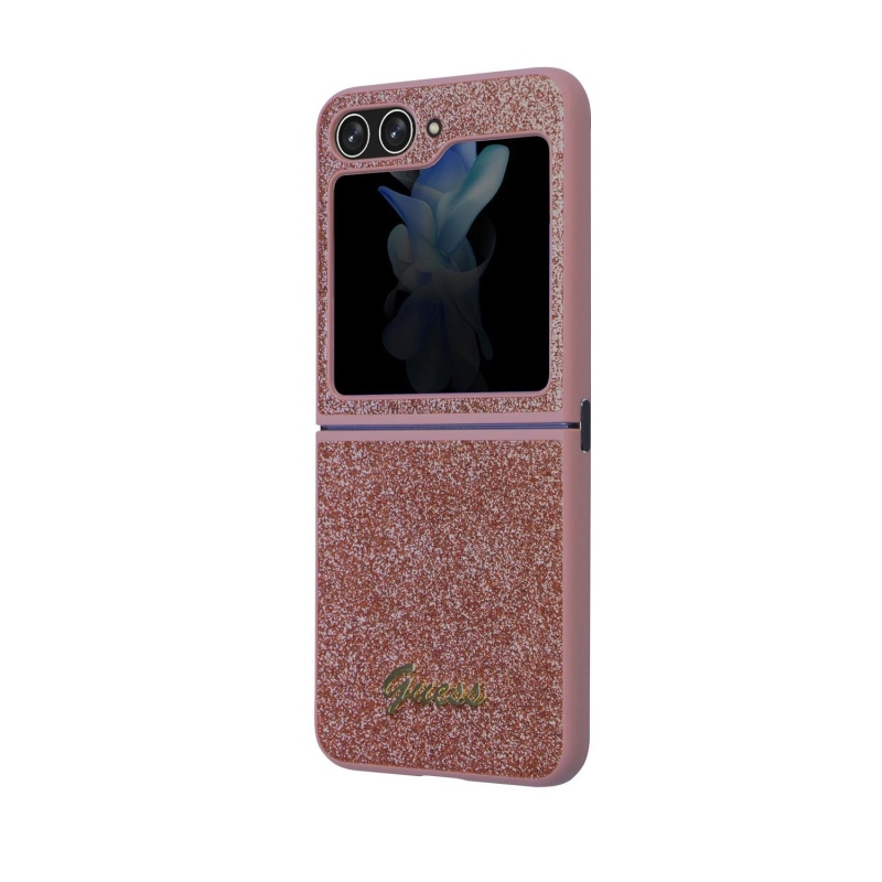 Guess PC/TPU Glitter Flakes Metal Logo hátlap Samsung Galaxy Z Flip 5 rózsaszínű borítóhoz