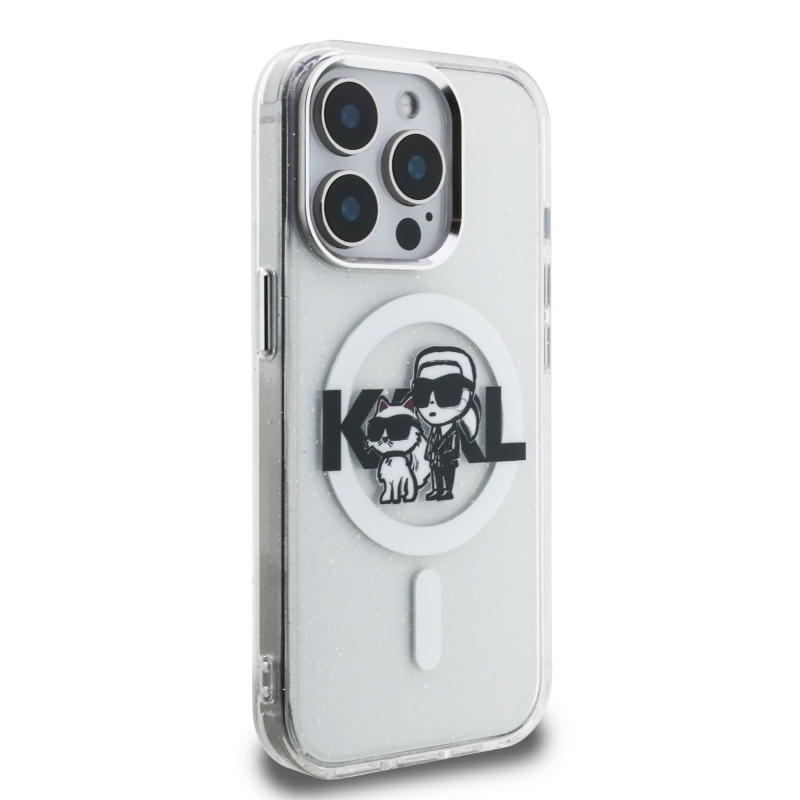 Karl Lagerfeld IML Glitter Karl és Choupette Sketch MagSafe hátlap iPhone 15 Pro-hoz Átlátszó