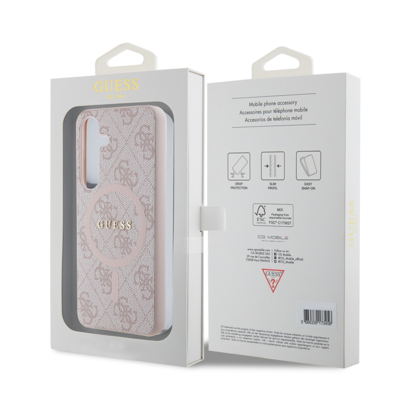 Guess PU bőr 4G színes gyűrűs MagSafe hátlap Samsung Galaxy S24 rózsaszínű borítóhoz
