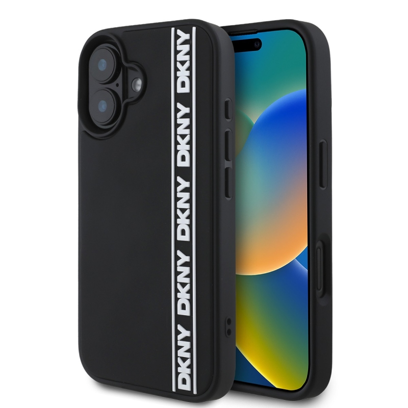 DKNY 3D gumiborítású, ismétlődő logóvonalas hátlap iPhone 16-hoz Fekete