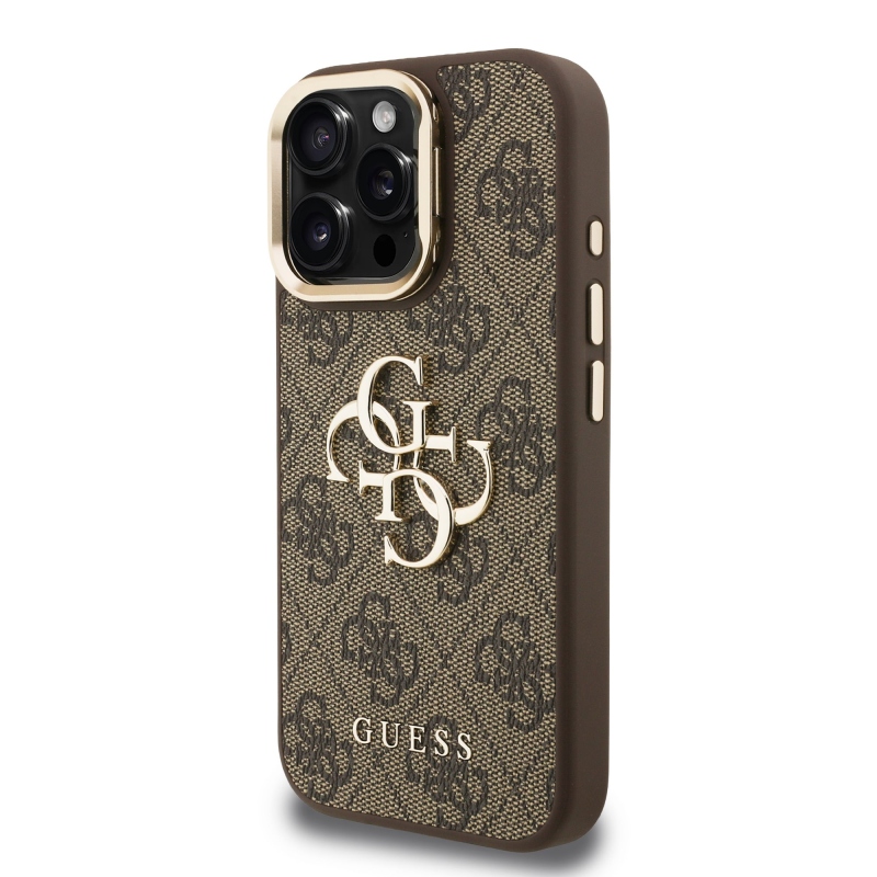 Guess PU 4G fém logó állvány kamera keret hátlap iPhone 15 Pro Max barna barna