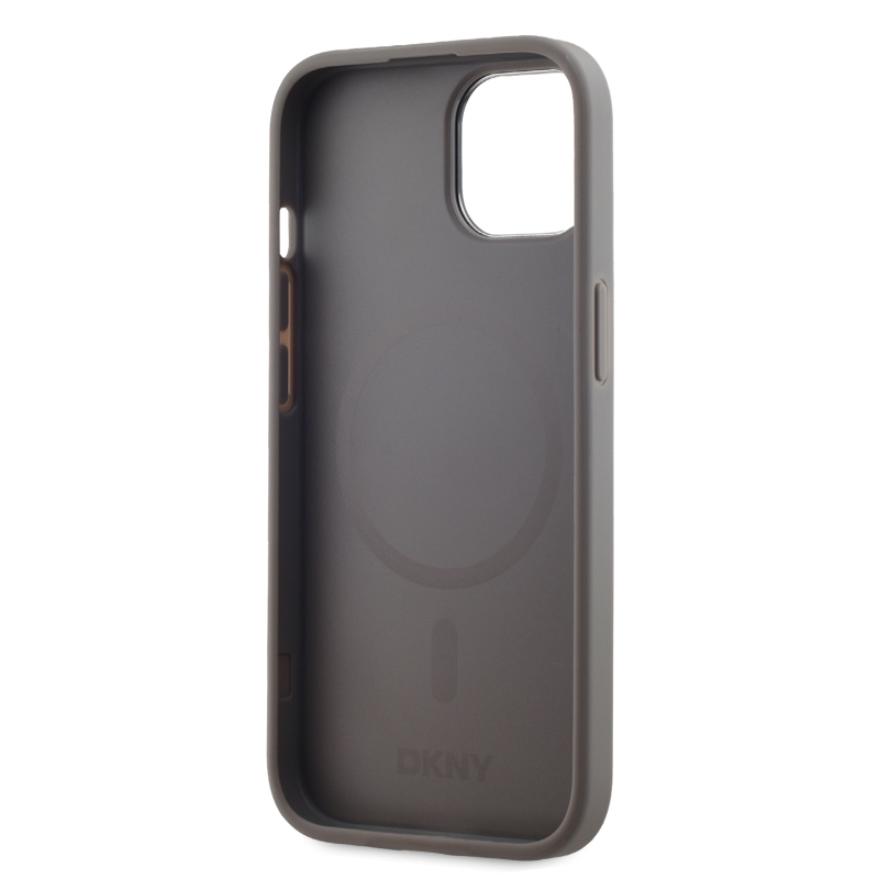 DKNY PU bőr Stack Logo Magsafe hátsó borító iPhone 15 szürke