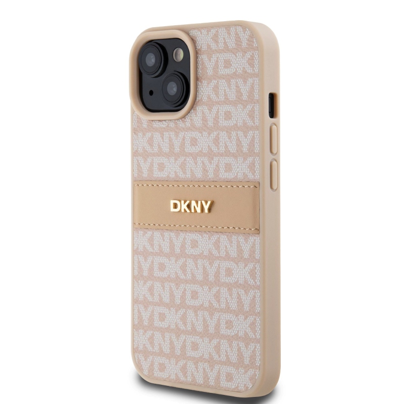 DKNY PU bőr ismétlődő mintás tonális csíkos hátlap iPhone 15 rózsaszínhez