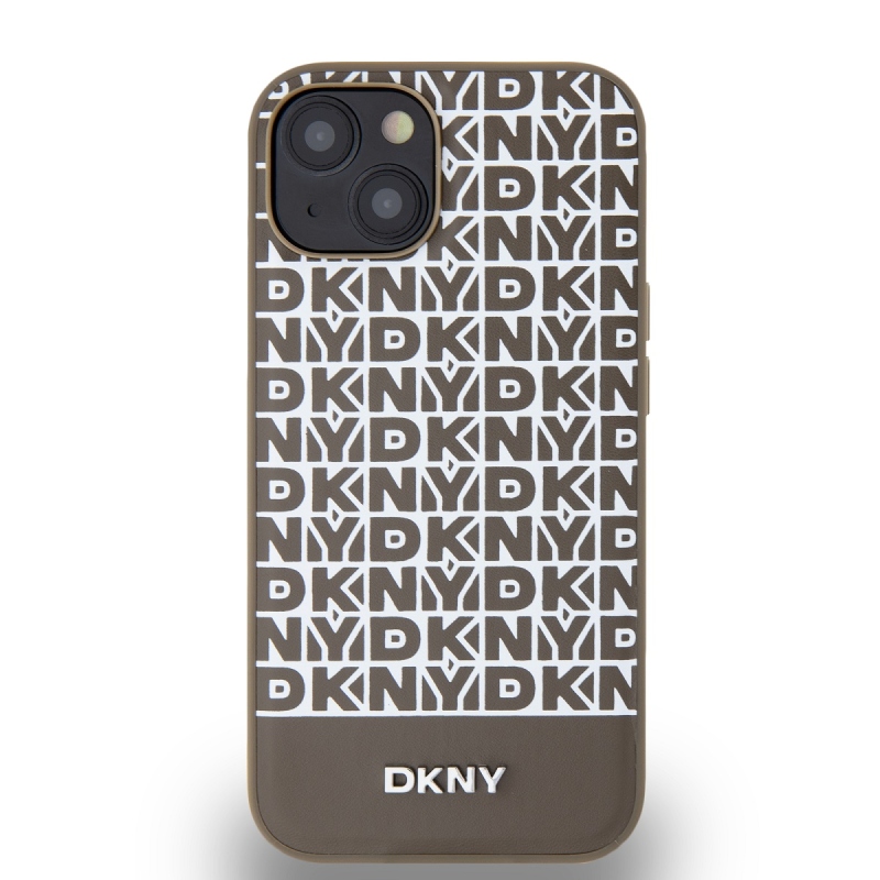DKNY PU bőr ismétlődő mintás alsó csíkos MagSafe hátlap iPhone 15 barna 15-hez barna