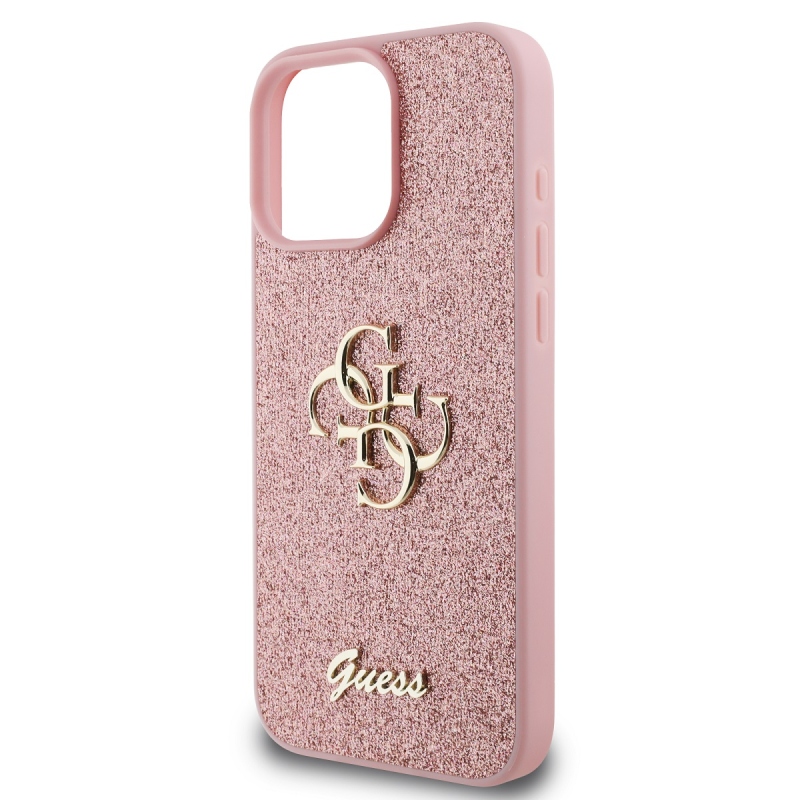 Guess PU Fixed Glitter 4G fém logós hátlap iPhone 16 Pro rózsaszínhez
