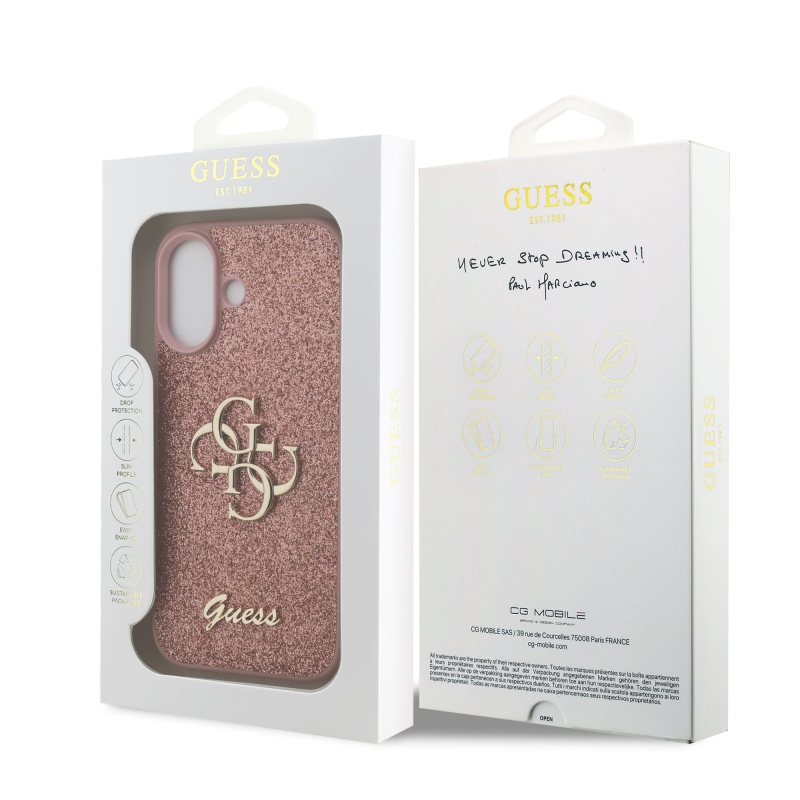 Guess PU Fixed Glitter 4G fém logó hátlap iPhone 17 rózsaszínhez Rózsaszín