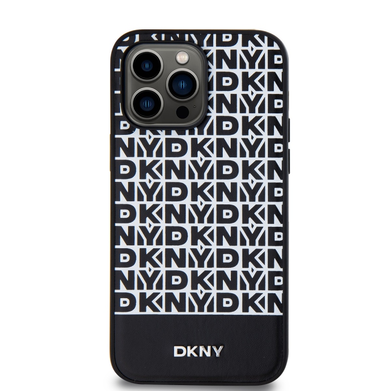 DKNY PU bőr ismétlődő mintás alsó csíkos MagSafe hátlap iPhone 15 Pro Max-hoz Fekete