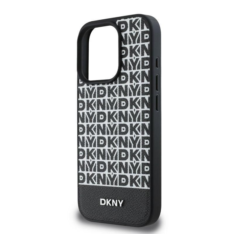 DKNY PU bőr Ismétlődő mintás alsó csík MagSafe hátlap iPhone 16 Pro Fekete