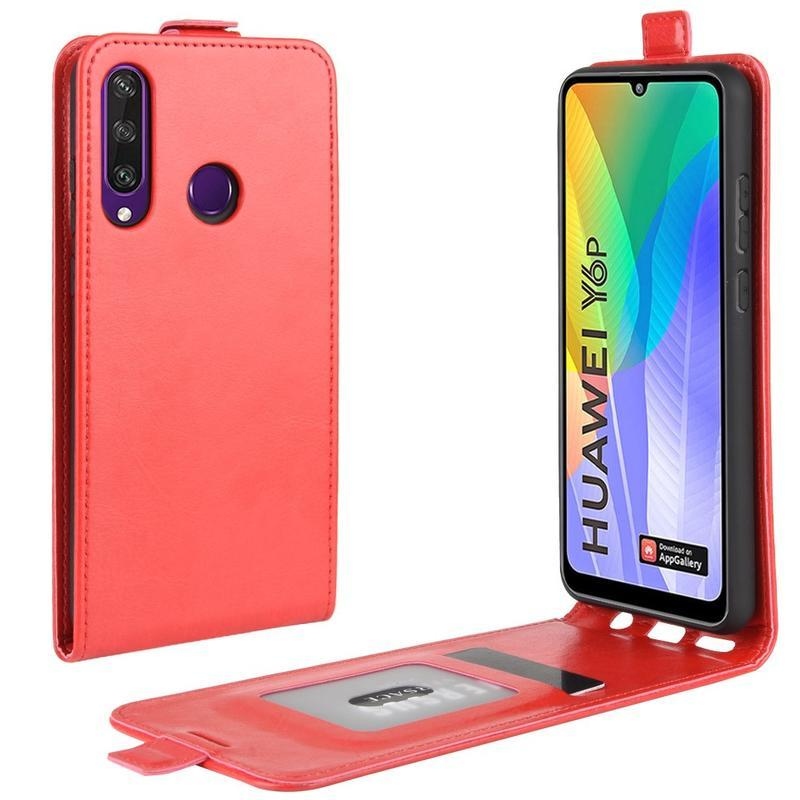 Őrült PU bőr flip mobiltelefon tok Huawei Y6p - piros