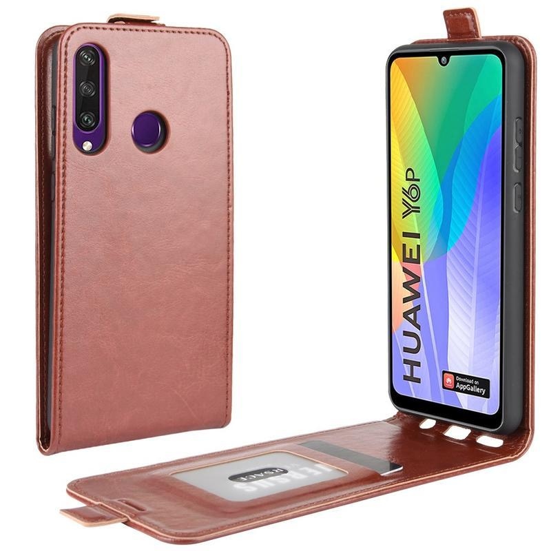 Őrült PU bőr flip tok Huawei Y6p-hez - barna