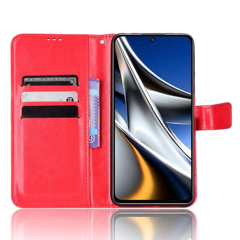 Őrült PU bőr pénztárca tok a Xiaomi Poco M4 Pro 4G-hez - piros