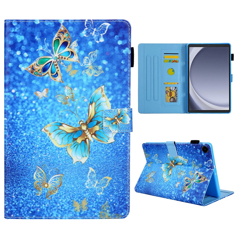 Kereszt okos tok Samsung Galaxy Tab A11/Tab A9 - kék és arany pillangókhoz