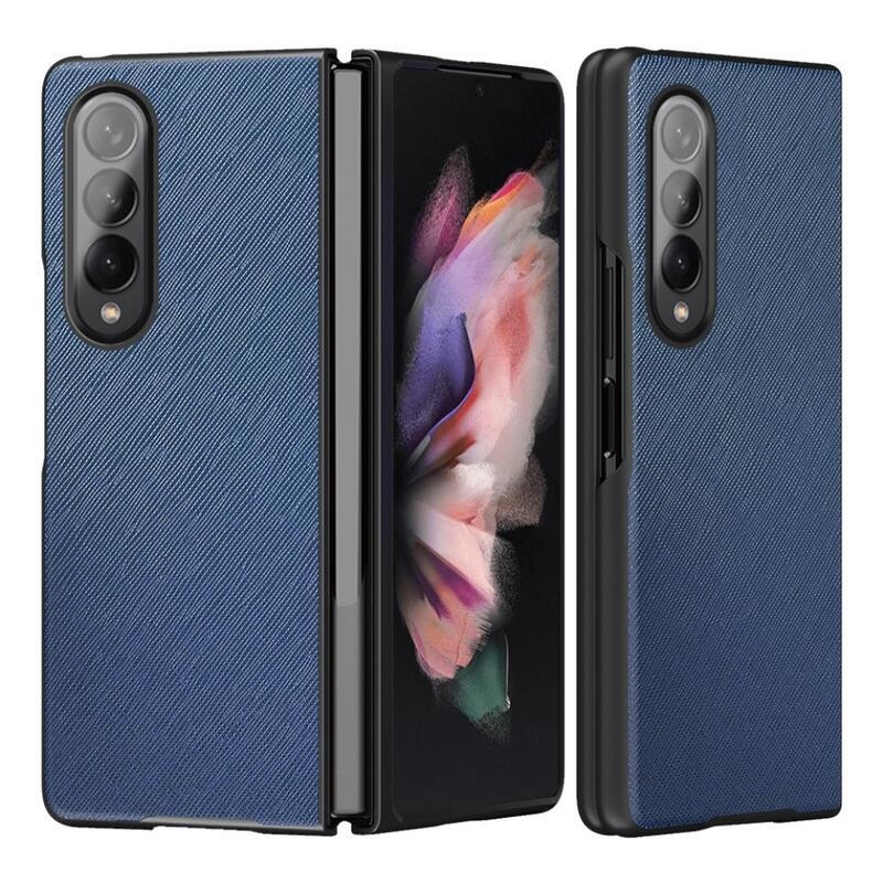 Kereszt alakú műanyag tok texturált PU bőrrel Samsung Galaxy Z Fold3 5G készülékhez - kék