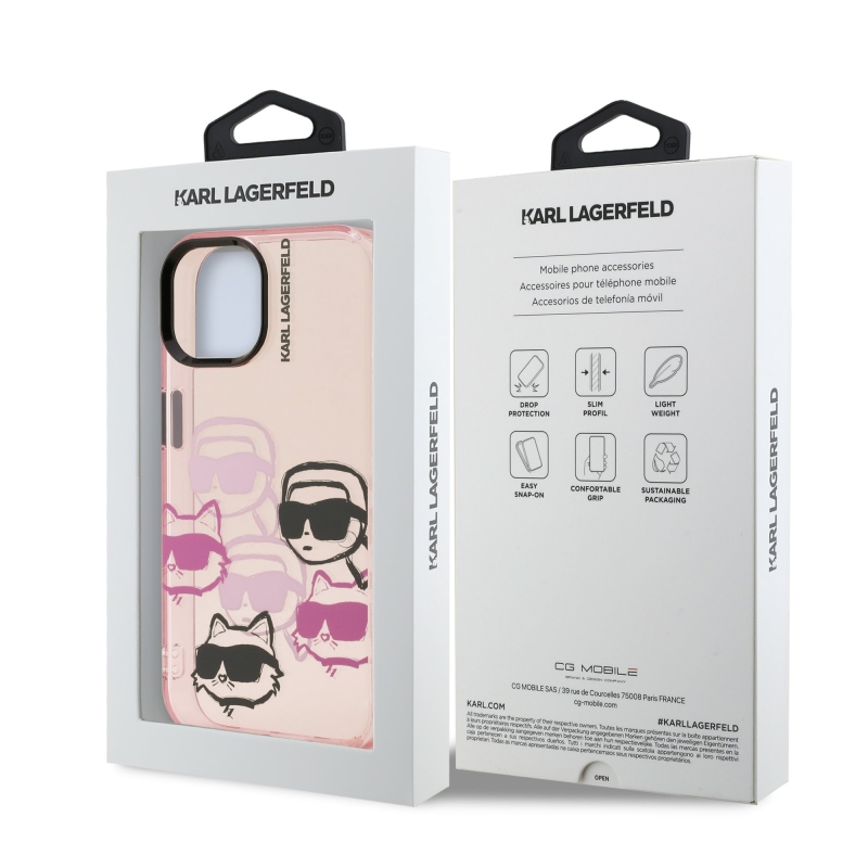 Karl Lagerfeld IML Multi K&CH Heads hátlapi borító iPhone 15 rózsaszínhez