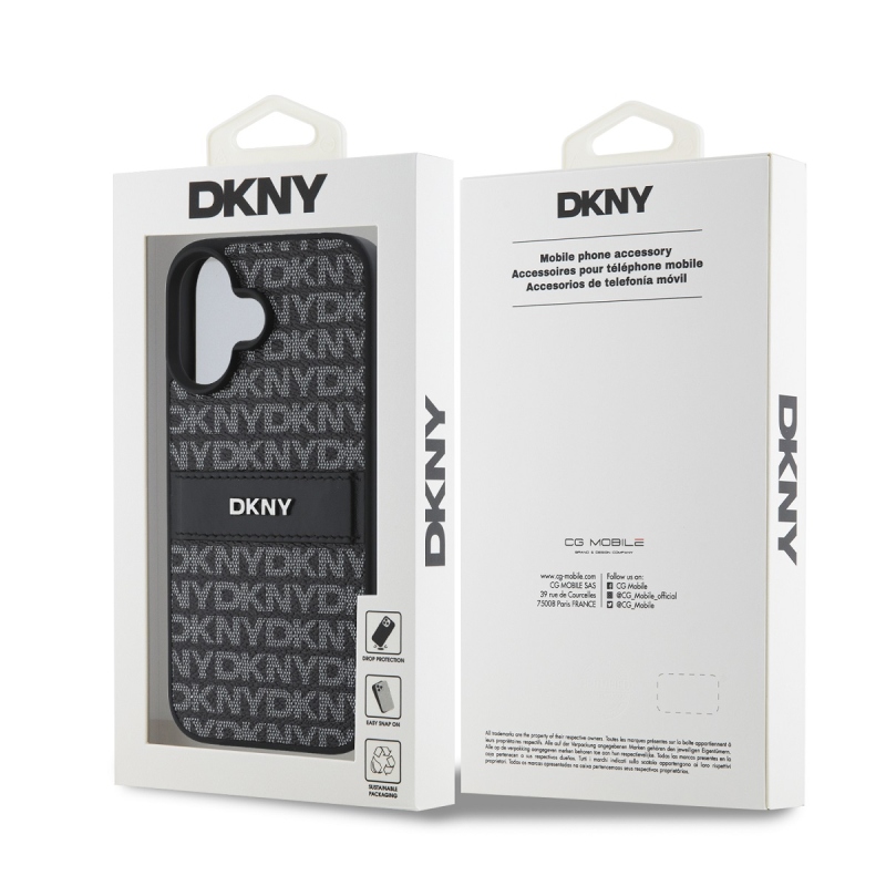 DKNY PU bőr ismétlődő mintás tonális csíkos hátlap iPhone 16-hoz Fekete