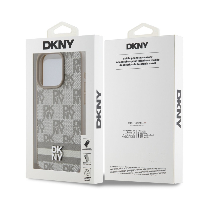 DKNY PU bőr kockás mintás és csíkos hátlapi borító iPhone 14 Pro bézs színű készülékhez