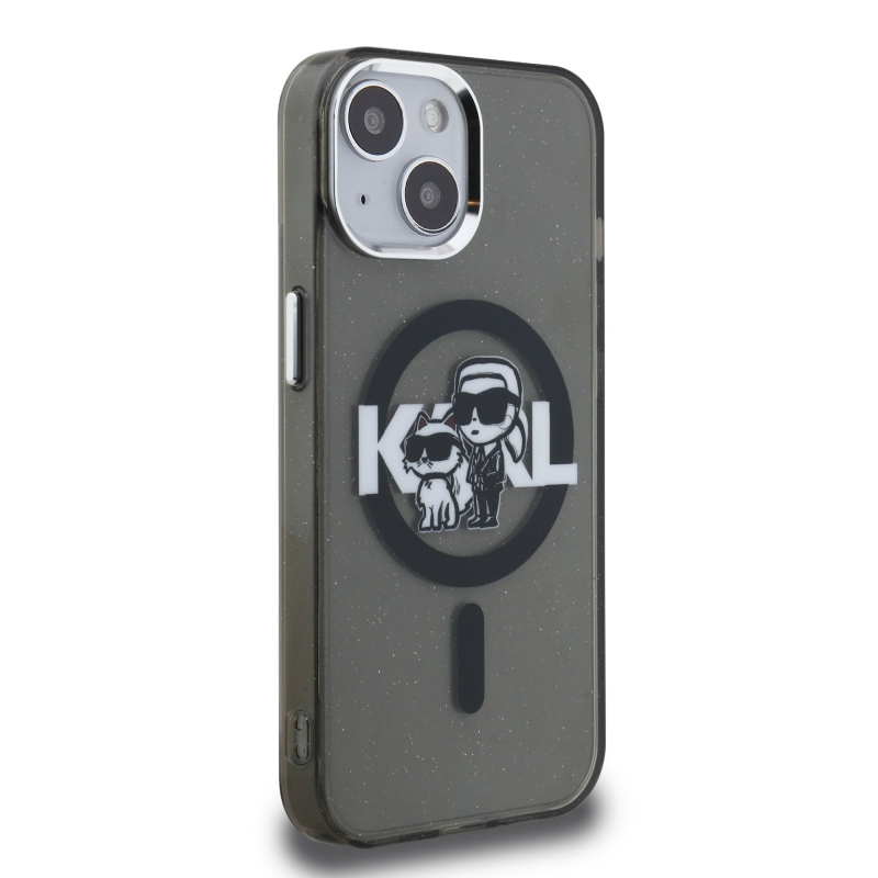 Karl Lagerfeld IML Glitter Karl és Choupette Sketch MagSafe hátlapi borító iPhone 15-hez Fekete