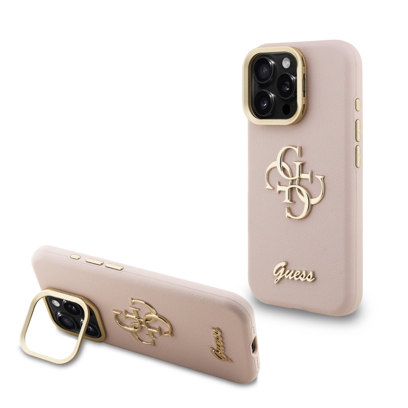 Guess PU szemcsés 4G logós állvány kamerakeret hátlap iPhone 16 Pro Max rózsaszínű iPhone 16 Pro Max-hoz