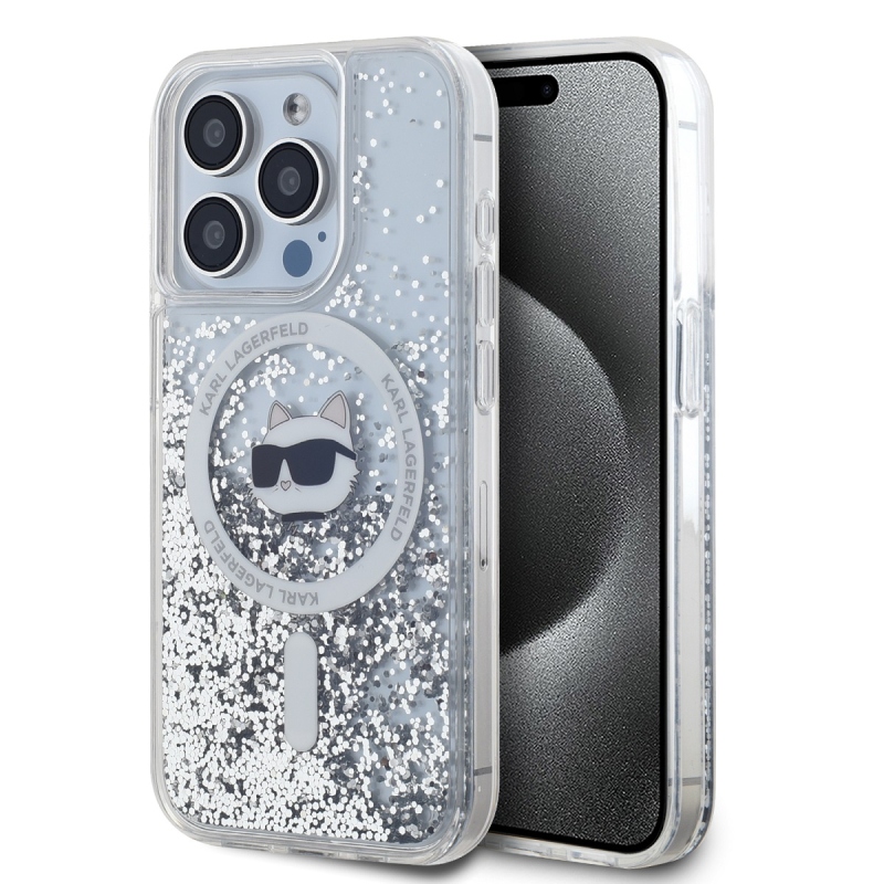 Karl Lagerfeld Liquid Glitter Choupette Head MagSafe hátlap iPhone 15 Pro Max-hoz Átlátszó
