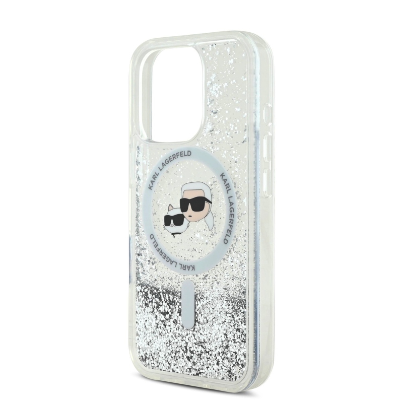 Karl Lagerfeld folyékony csillogó Karl és Choupette fejek MagSafe hátlap iPhone 16 Pro Max átlátszóhoz