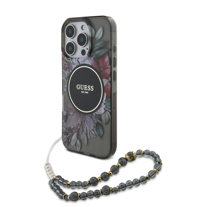 Guess IML Flowers Pearl Strap MagSafe hátlapi borító iPhone 16 Pro Max-hoz Fekete