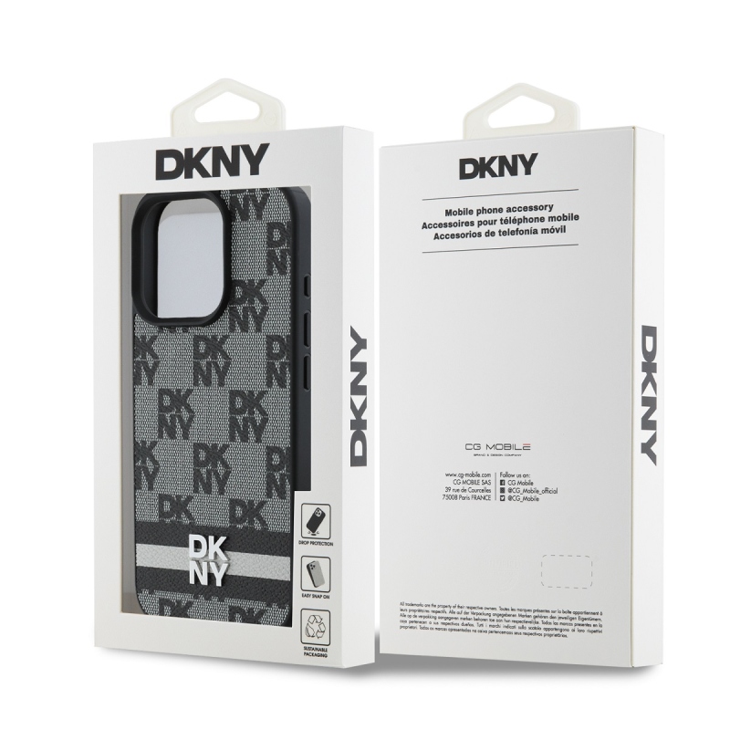 DKNY PU bőrből készült kockás mintás és csíkos hátlapi borító iPhone 16 Pro Max-hoz Fekete