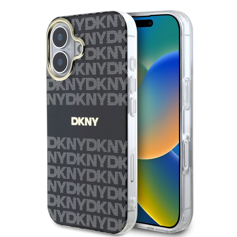 DKNY PC/TPU ismétlődő mintás tonális csíkos Magsafe hátlap iPhone 16-hoz Fekete