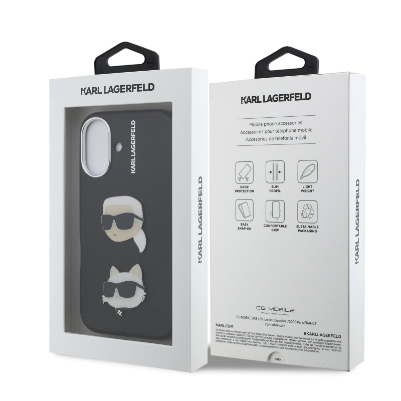 Karl Lagerfeld szemcsés PU K&CH Heads hátlap iPhone 16-hoz Fekete