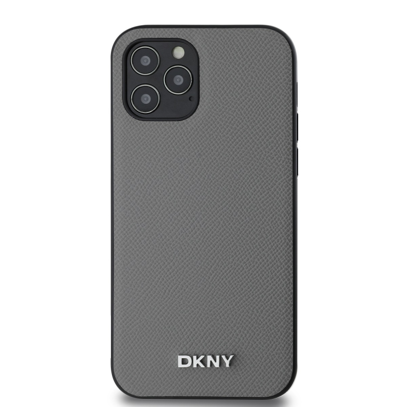 DKNY PU bőr ezüst fém logó Magsafe hátlap iPhone 12/12 Pro szürke szürkéhez