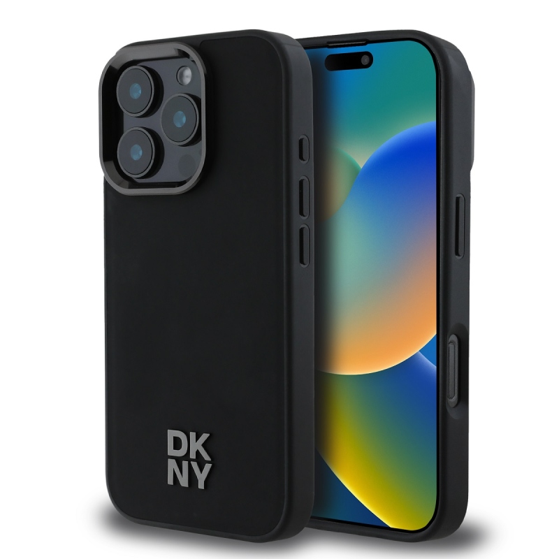 DKNY PU bőr Stack Logo Magsafe hátlap iPhone 16 Pro Fekete