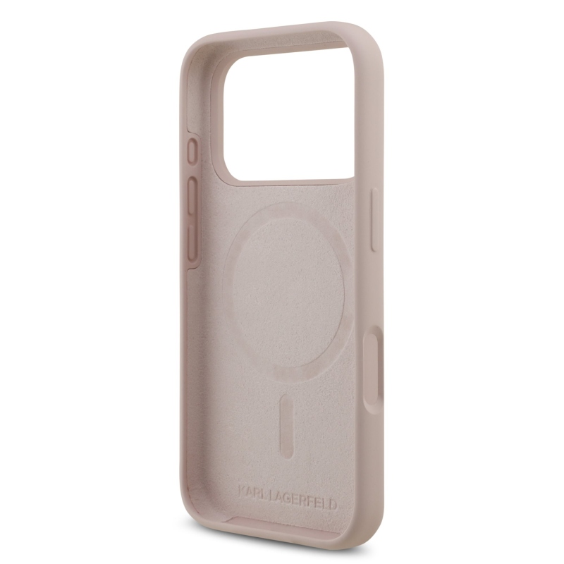 Karl Lagerfeld folyékony szilikon Karl és Choupette MagSafe hátlapi borító iPhone 17 Pro rózsaszínhez
